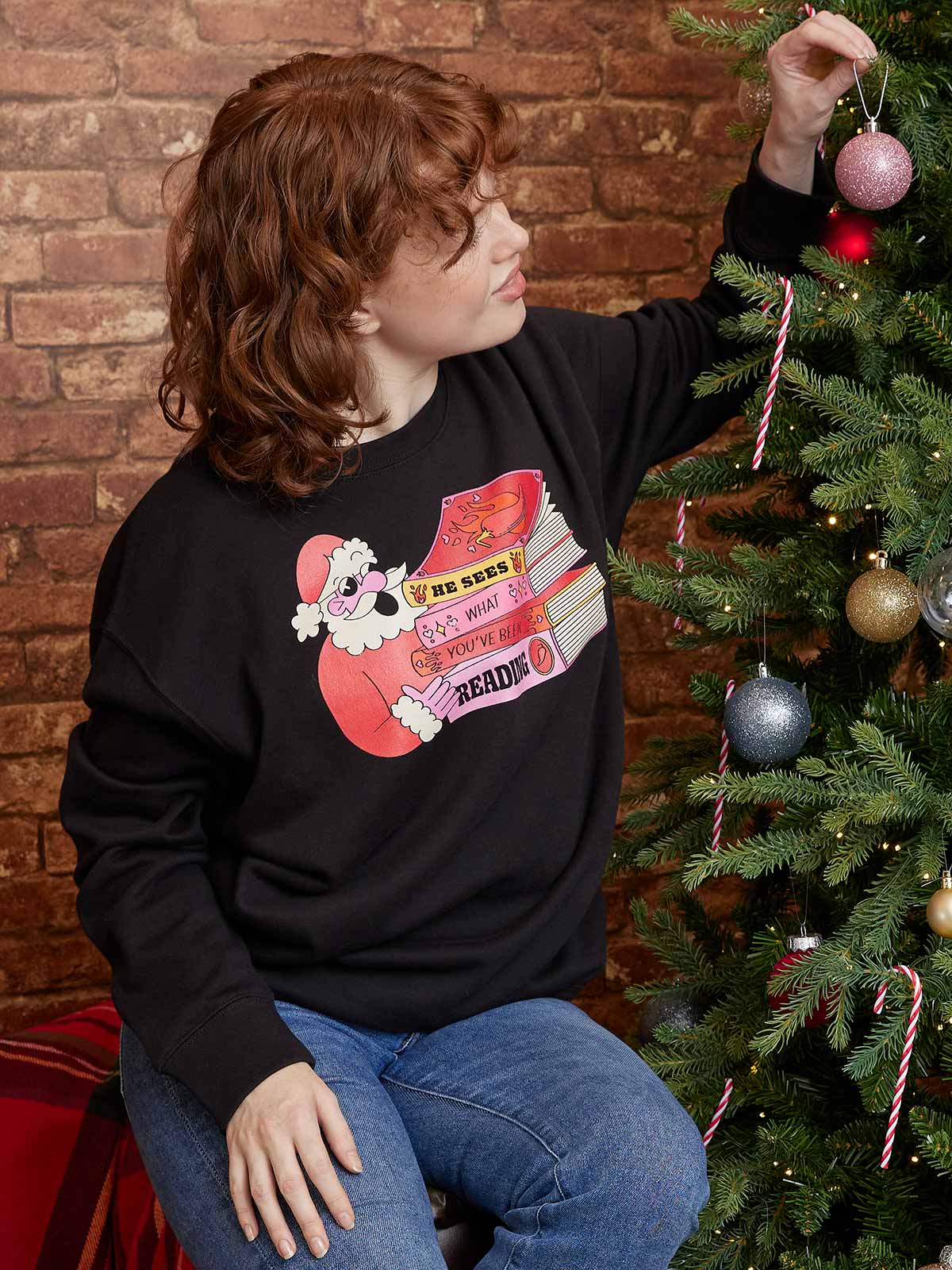 Santa: He Sees What You've Been Reading Unisex Sweatshirt (Print Shop) - Image 2