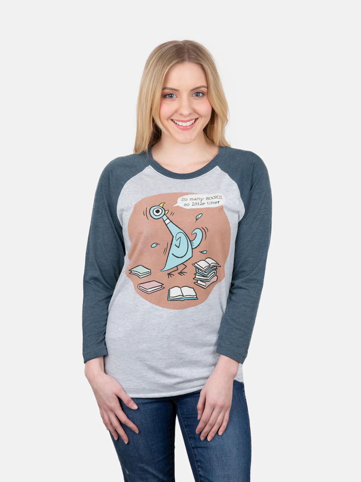 The Pigeon: So Many Books Unisex 3/4-Sleeve Raglan - Image 3